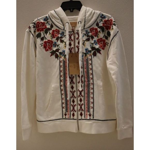 Driftwood Women Sz L White Brielle Embroidered Full Zip Classic Fit Teddy Hoodie - Picture 1 of 9